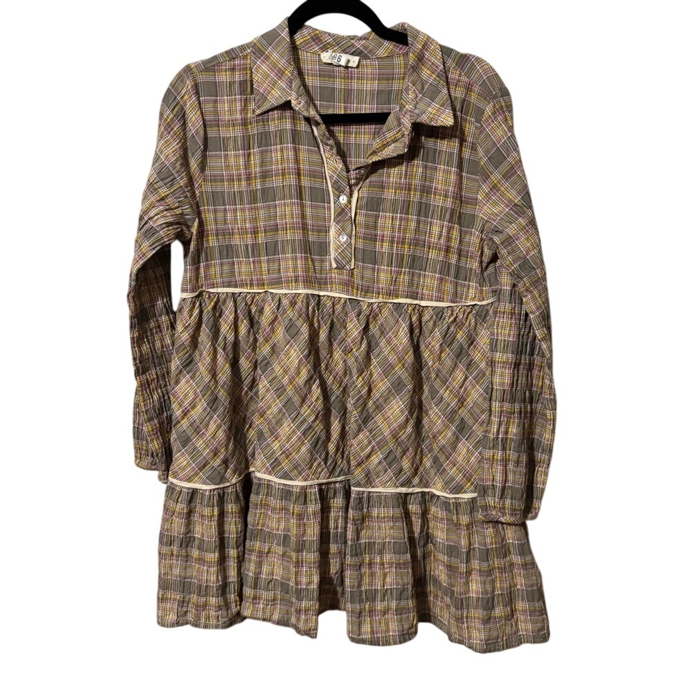 Promesa Plaid Checkered Ruffled Tiered Sundress with Bishop‎ Sleeves 100% Cotton